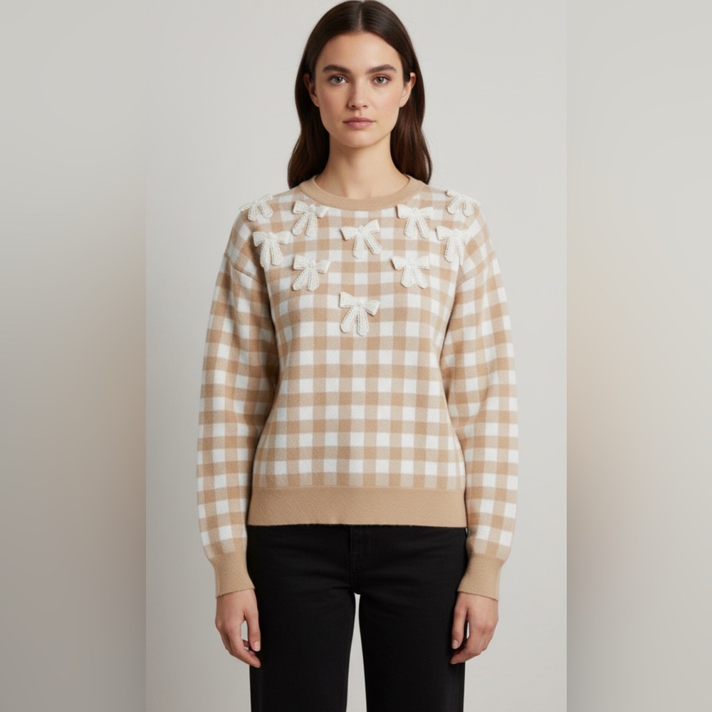 Ontwelfth Beige Checkered Sweater with Bow Accents Large